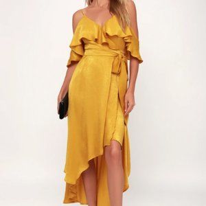 LULU'S Layla Mustard Yellow Satin Off-the-Shoulder Wrap Dress